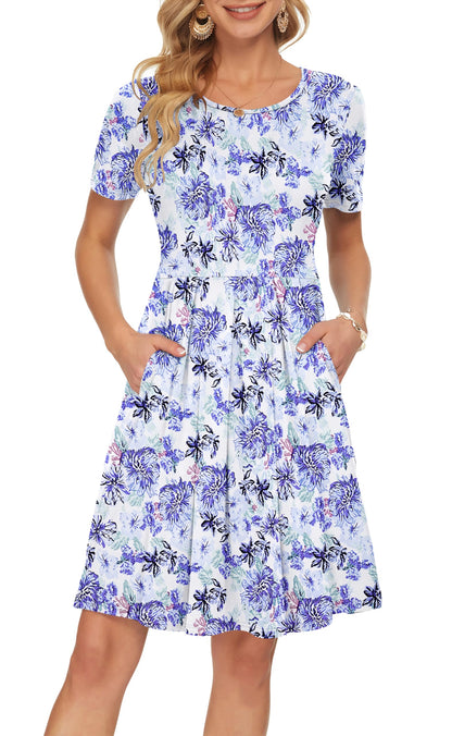 AUSELILY Women's Short Sleeve Summer Dress Pleated Loose Swing Knee Length Dresses with Pockets 2026 New