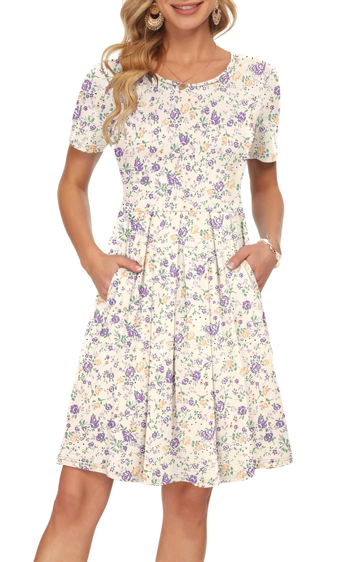 AUSELILY Women's Short Sleeve Summer Dress Pleated Loose Swing Knee Length Dresses with Pockets 2026 New