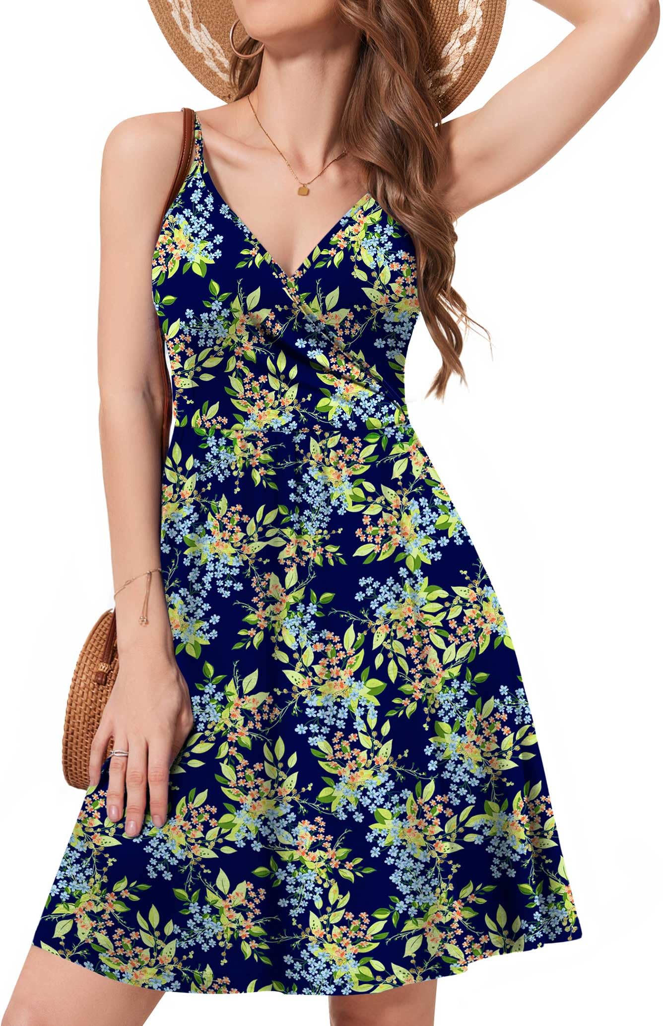 WEACZZY Women's 2026 Summer Dresses V Neck Spaghetti Strap Sundress Casual Beach Flowy Mini Dress with Pockets