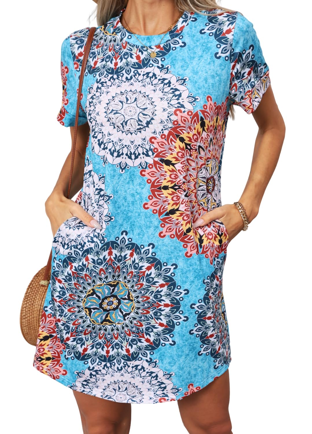 YEXIPO Women's Casual Summer Short Sleeve T Shirt Dress Nightgown Crew Neck Loose Solid Color Basic Dresses with Pockets