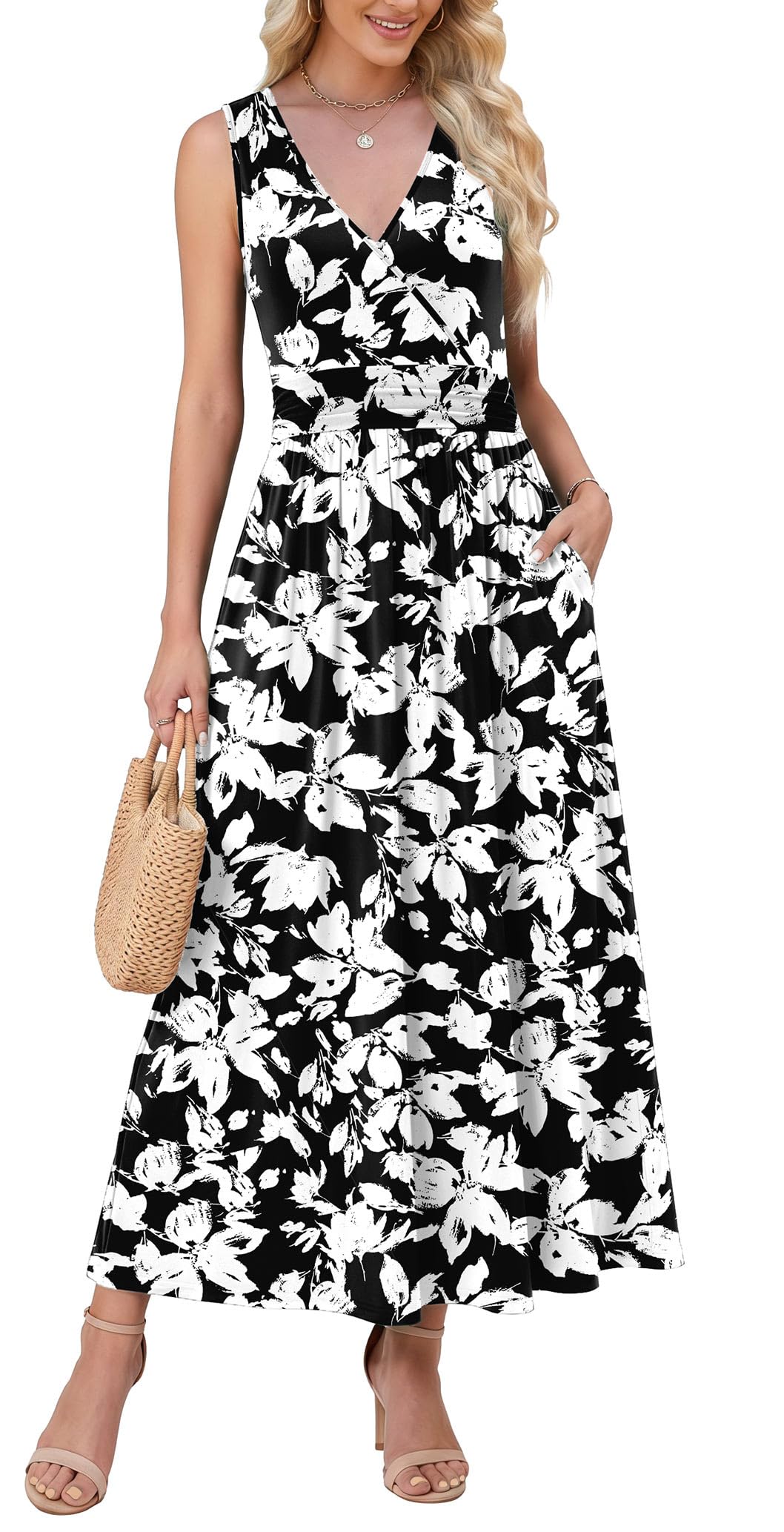WEACZZY Women's Maxi Dress Sleeveless V Neck Sundress Cocktail Long Dresses with Pockets