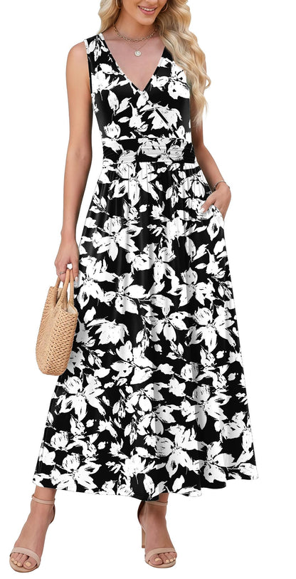 WEACZZY Women's Maxi Dress Sleeveless V Neck Sundress Cocktail Long Dresses with Pockets