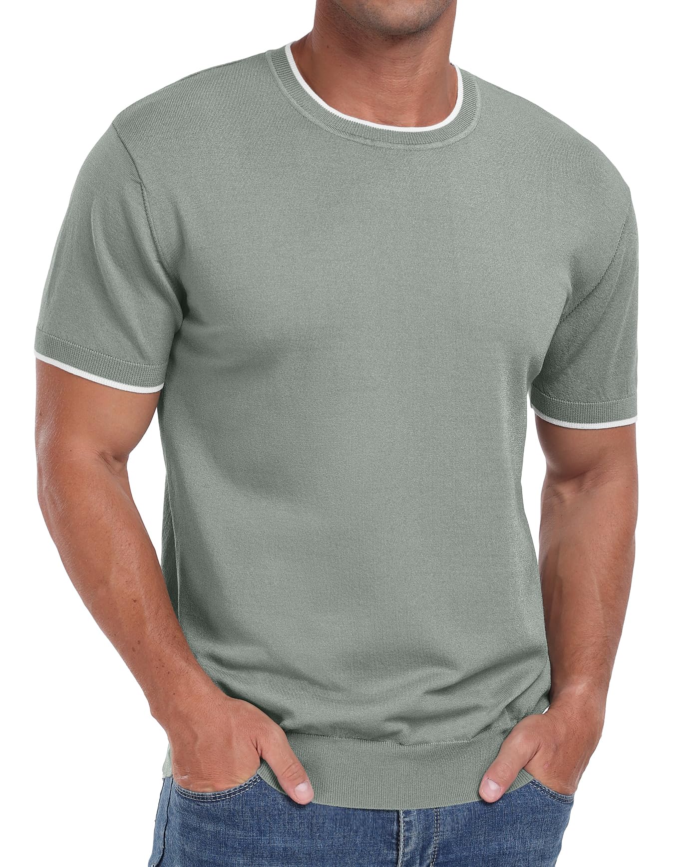 Sailwind Mens T-Shirt Knit Short Sleeve Crew Neck Contrast Trim Knit T-Shirt
