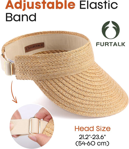 FURTALK Sun Visor Hats for Women Wide Brim Straw Visors Womens Foldable Beach Visors Summer Packable Ponytail Beach Hat