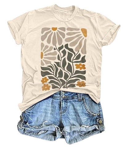 Women's Boho Wildflower Graphic Loose Tees Vintage Floral Short Sleeve T-Shirts Summer Cotton Tee Tops