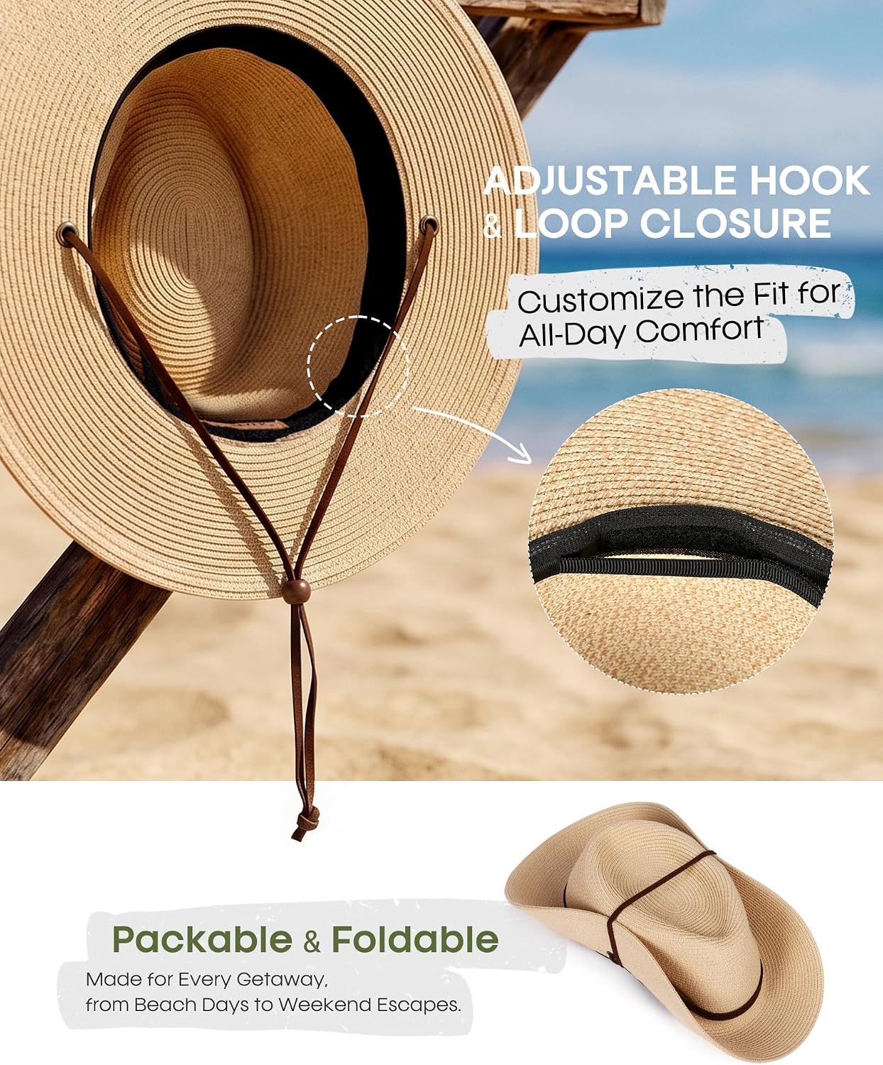 FURTALK Sun Hat Panama Fedora Straw Beach Hat with Wind Lanyard UPF | Packable for Travel, Hidden Hook and Loop Fit, Breathable Sweatband, Ideal for Summer Pool, Hiking & Gardening