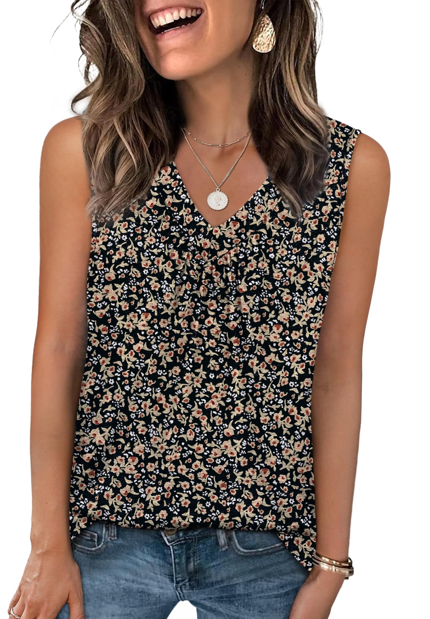 OFEEFAN Tank Top for Women Loose Fit Sleeveless Shirts V Neck Summer Clothes Ruched Women's Tees and Tanks Curved Hem