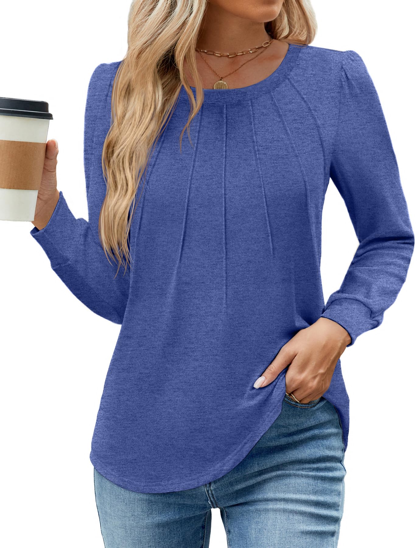 WEACZZY Women Long Sleeve Shirts Crew Neck Tunic Tops Soft Casual Blouses Creased Design Curved Side Hem Fashion Outfits 2026