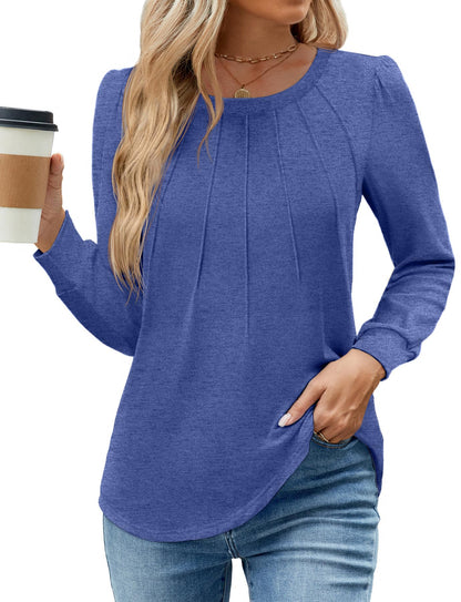 WEACZZY Women Long Sleeve Shirts Crew Neck Tunic Tops Soft Casual Blouses Creased Design Curved Side Hem Fashion Outfits 2026