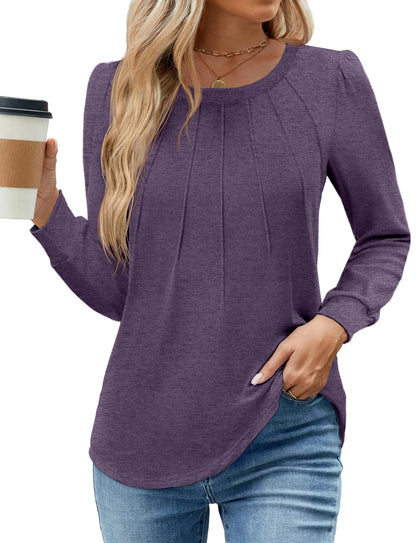 WEACZZY Women Long Sleeve Shirts Crew Neck Tunic Tops Soft Casual Blouses Creased Design Curved Side Hem Fashion Outfits 2026