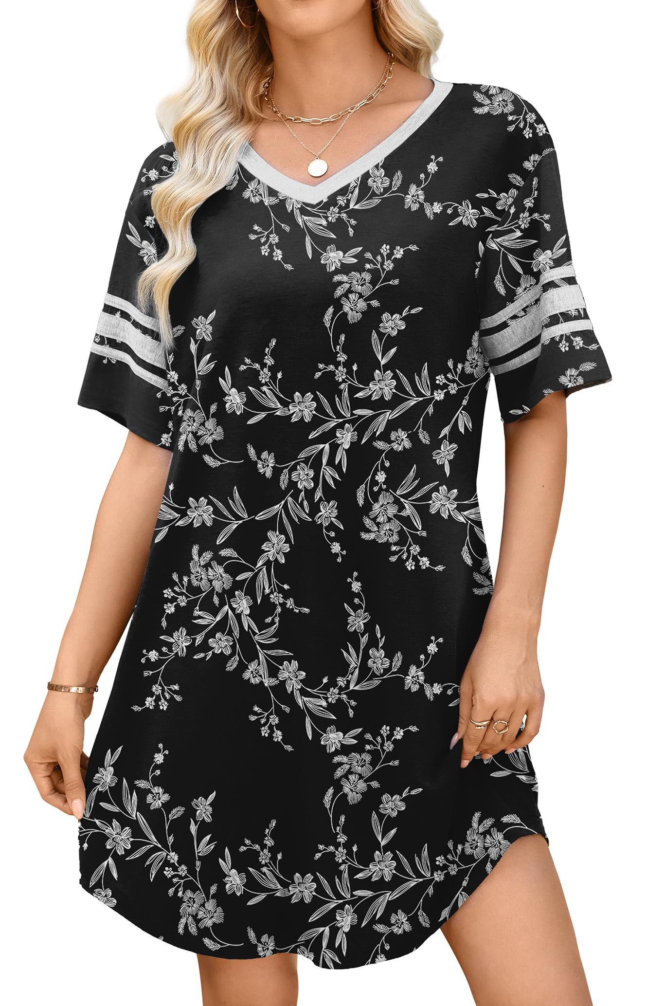 WEACZZY Women's Sleep Shirt Short Sleeve Nightgown Loose Fit Breathable | Crew Neck, Soft Polyester Blend Sleepwear, Solid Colors Floral Prints, Pajama Dress, Loungewear, House Casual Daily Wear