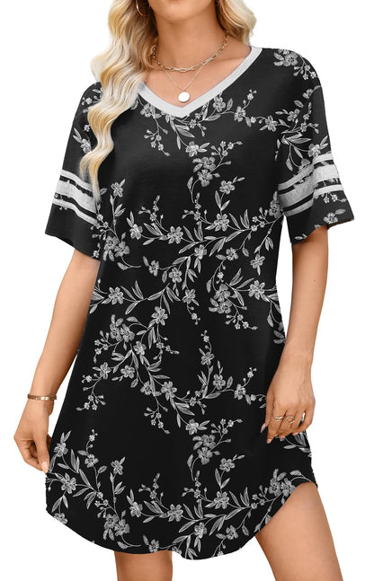 WEACZZY Women's Sleep Shirt Short Sleeve Nightgown Loose Fit Breathable | Crew Neck, Soft Polyester Blend Sleepwear, Solid Colors Floral Prints, Pajama Dress, Loungewear, House Casual Daily Wear