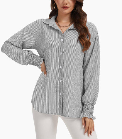 WEACZZY Womens Button Down Casual Shirts Long Sleeve Smocked Cuffed Blouses Collared Work No Pockets Tops 2026