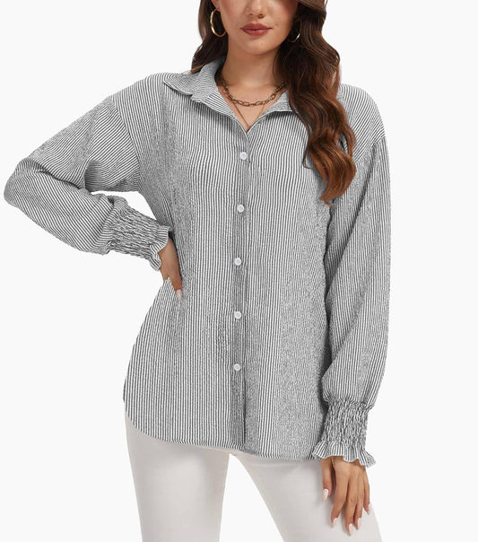 WEACZZY Womens Button Down Casual Shirts Long Sleeve Smocked Cuffed Blouses Collared Work No Pockets Tops 2026