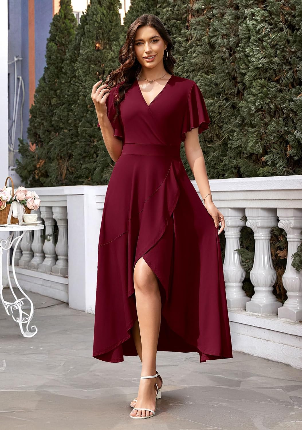 WEACZZY Women V Neck Ruffle Sleeve Maxi Dresses Split Elegant Slim Wrap Waist Wedding Guest Dress Elegant Casual Dresses 2026