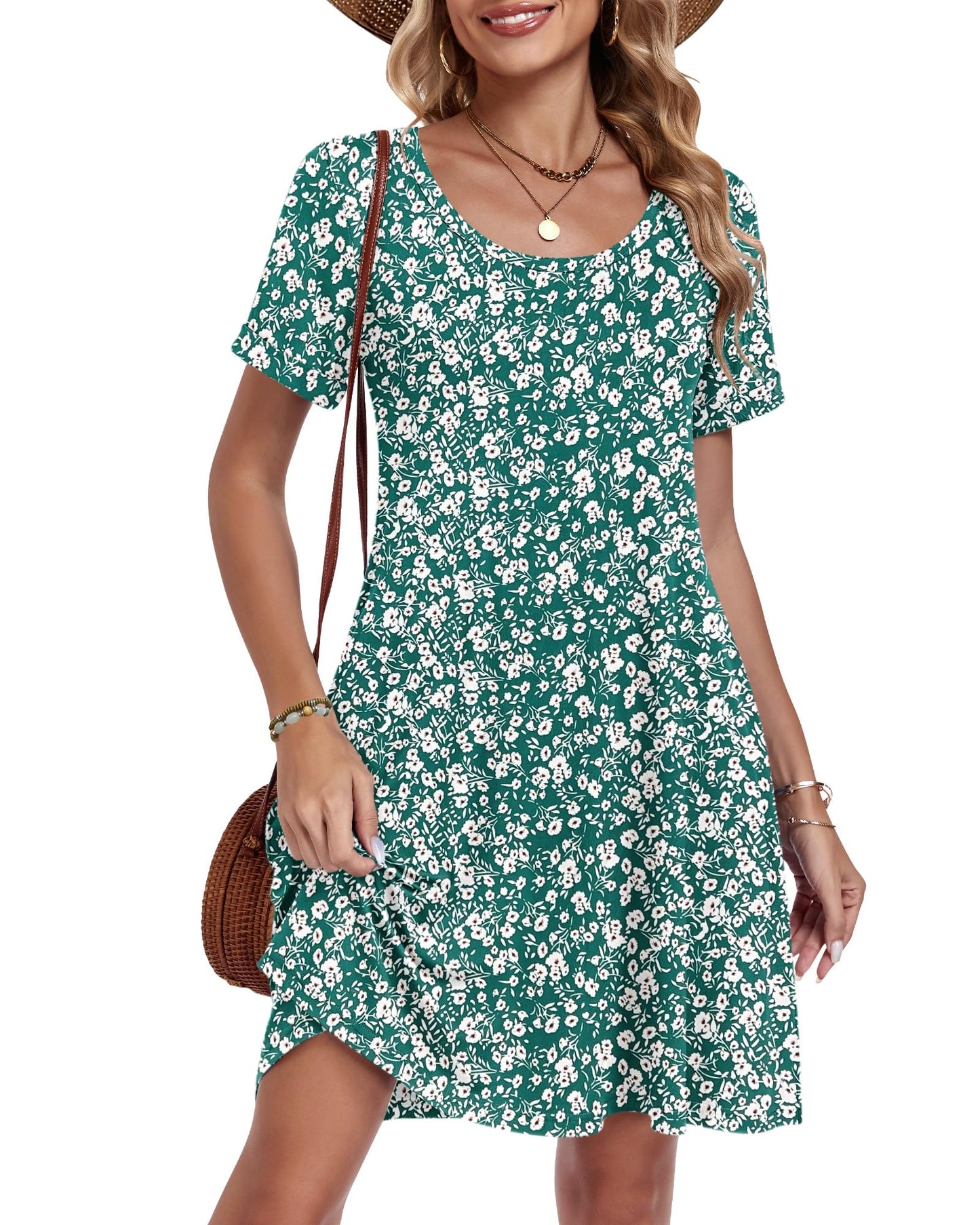 AUSELILY Women's Summer Casual Dresses 2026 Short Sleeve Swing Beach Floral T-Shirt Dress with Pockets