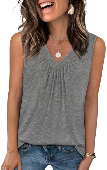 OFEEFAN Tank Top for Women Loose Fit Sleeveless Shirts V Neck Summer Clothes Ruched Women's Tees and Tanks Curved Hem