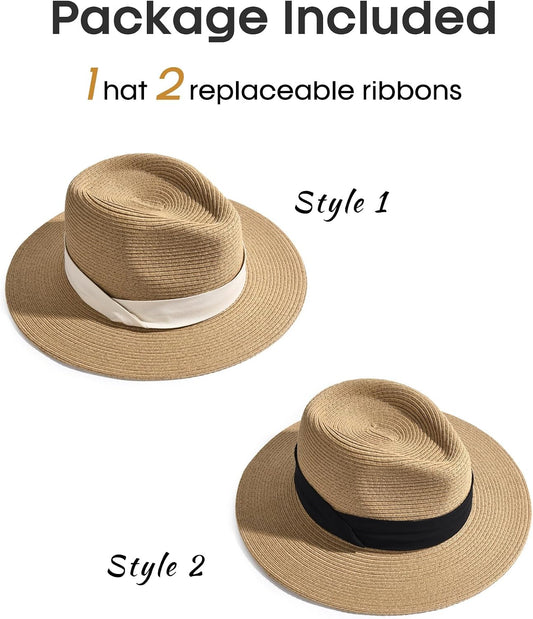 FURTALK Sun Hat Wide Brim Straw Fedora Panama Beach for Men Women | Foldable & Packable for Travel, Breathable Sweatband, Adjustable Chin Strap, Ideal for Summer Boating, Gardening or Holidays