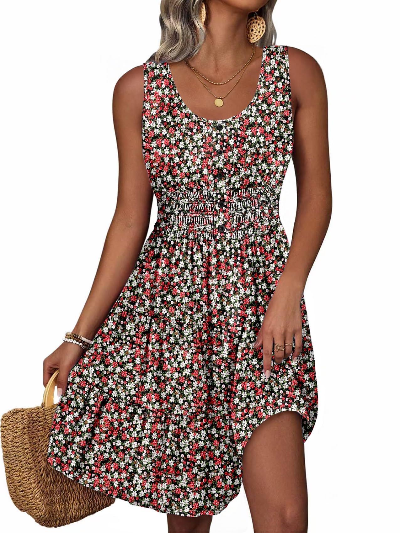 Summer Dresses for Women Casual Sleeveless Sundresses Elastic Waist Mini Sun Dress