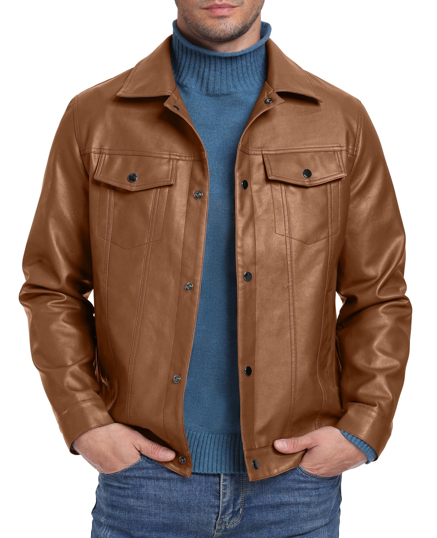 Sailwind Men's Leather Jacket Lapel Collar Motorcycle Coat Snap Button Faux Leather Bomber Jackets