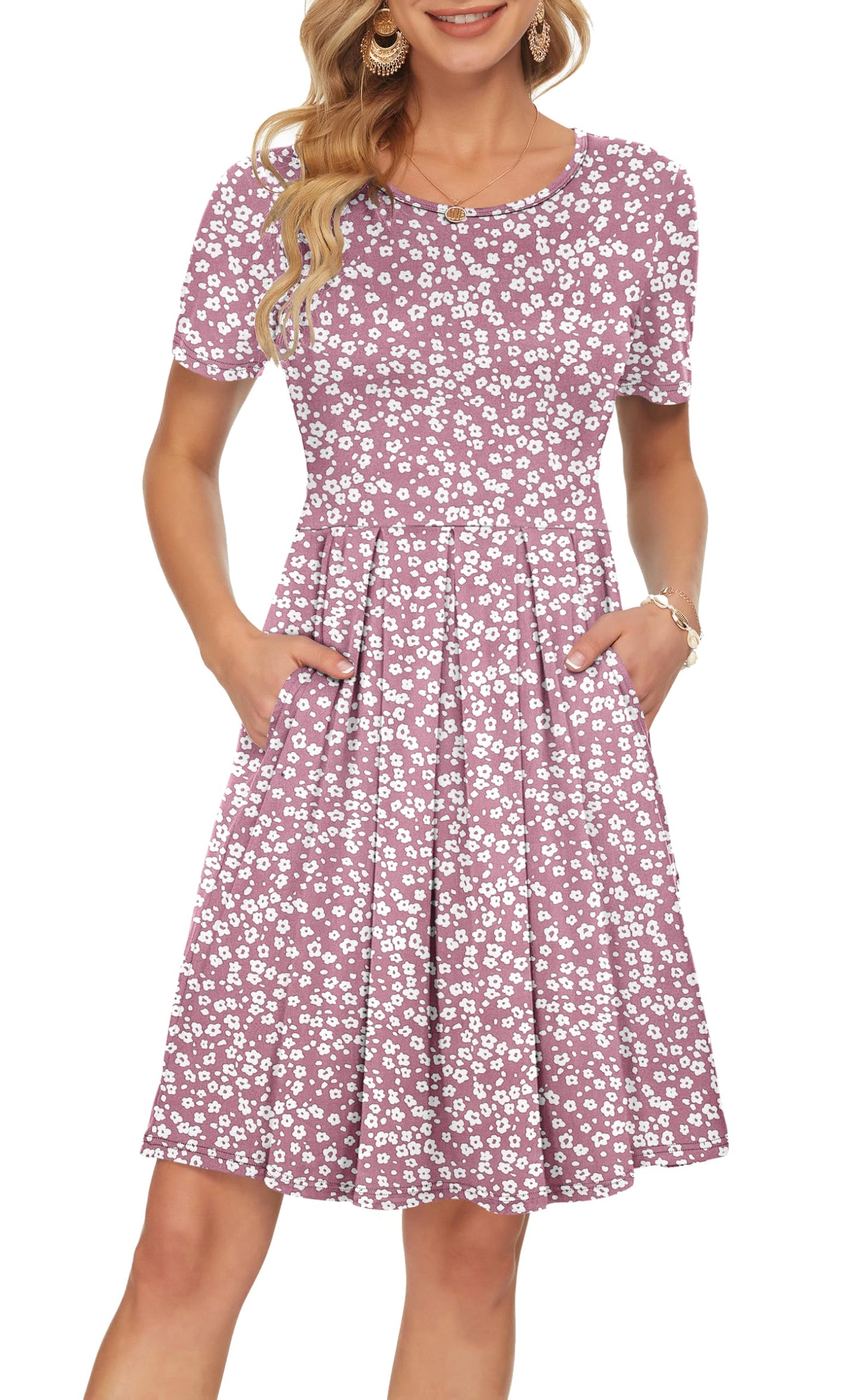 AUSELILY Women's Short Sleeve Summer Dress Pleated Loose Swing Knee Length Dresses with Pockets 2026 New