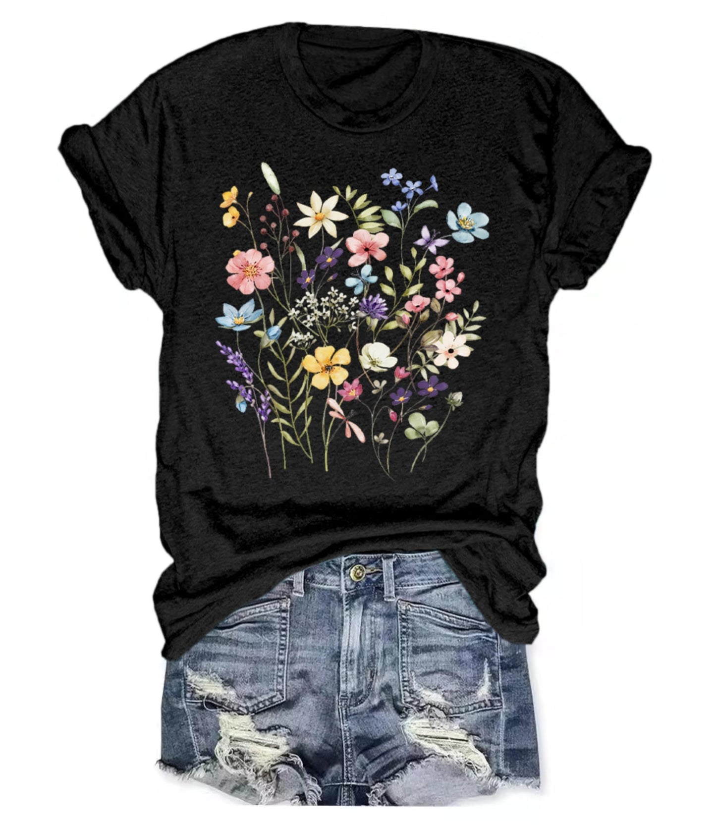 Women's Boho Wildflower Graphic Loose Tees Vintage Floral Short Sleeve T-Shirts Summer Cotton Tee Tops
