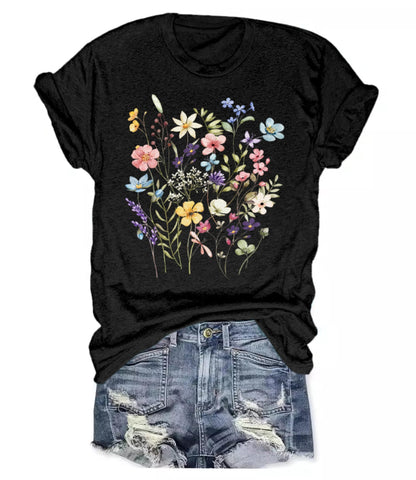 Women's Boho Wildflower Graphic Loose Tees Vintage Floral Short Sleeve T-Shirts Summer Cotton Tee Tops