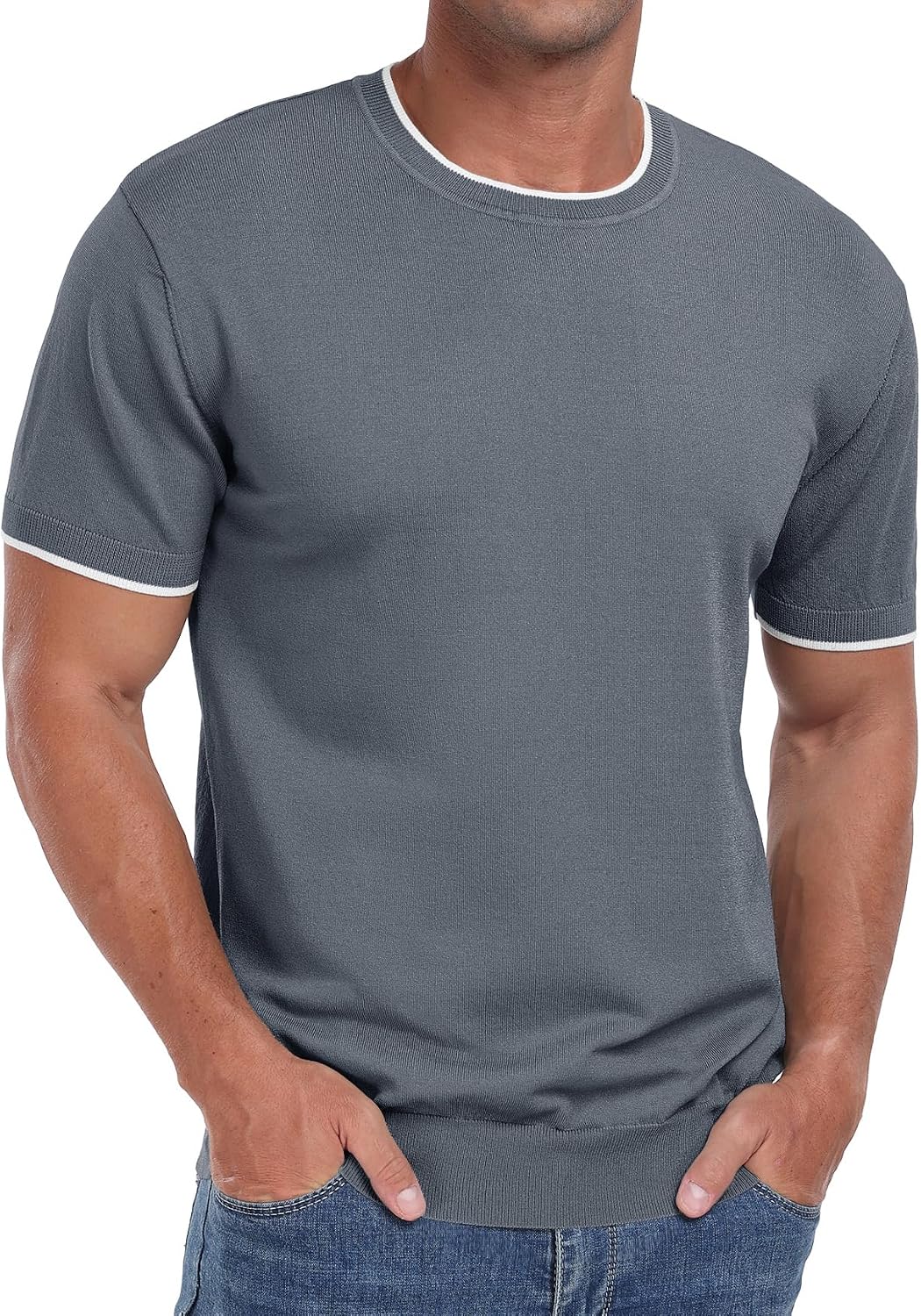 Sailwind Mens T-Shirt Knit Short Sleeve Crew Neck Contrast Trim Knit T-Shirt