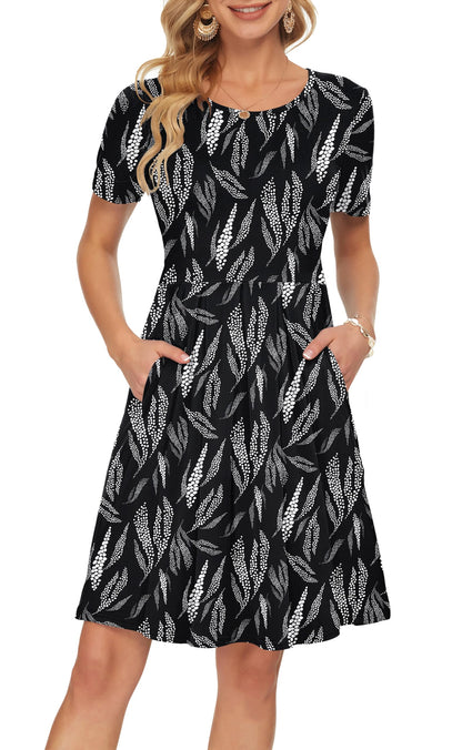 AUSELILY Women's Short Sleeve Summer Dress Pleated Loose Swing Knee Length Dresses with Pockets 2026 New
