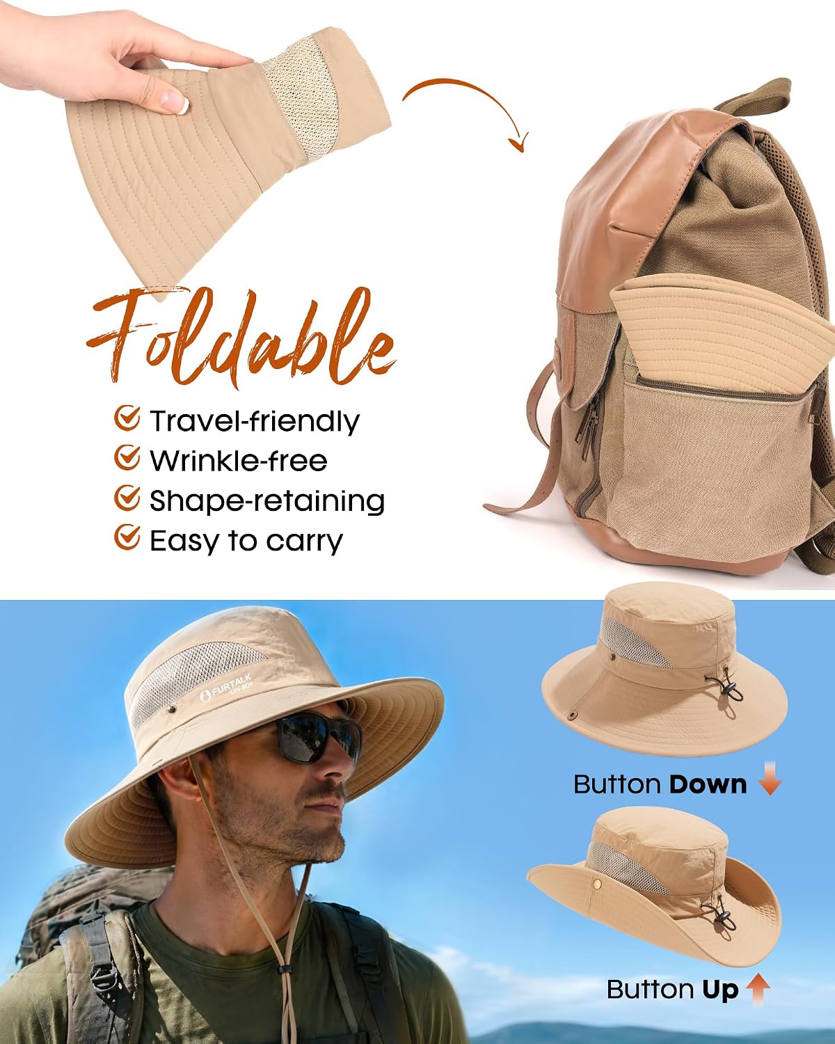 FURTALK Mens Bucket Sun Hat UPF 80+ Wide Brim Hiking Fishing Beach Outdoor Hats
