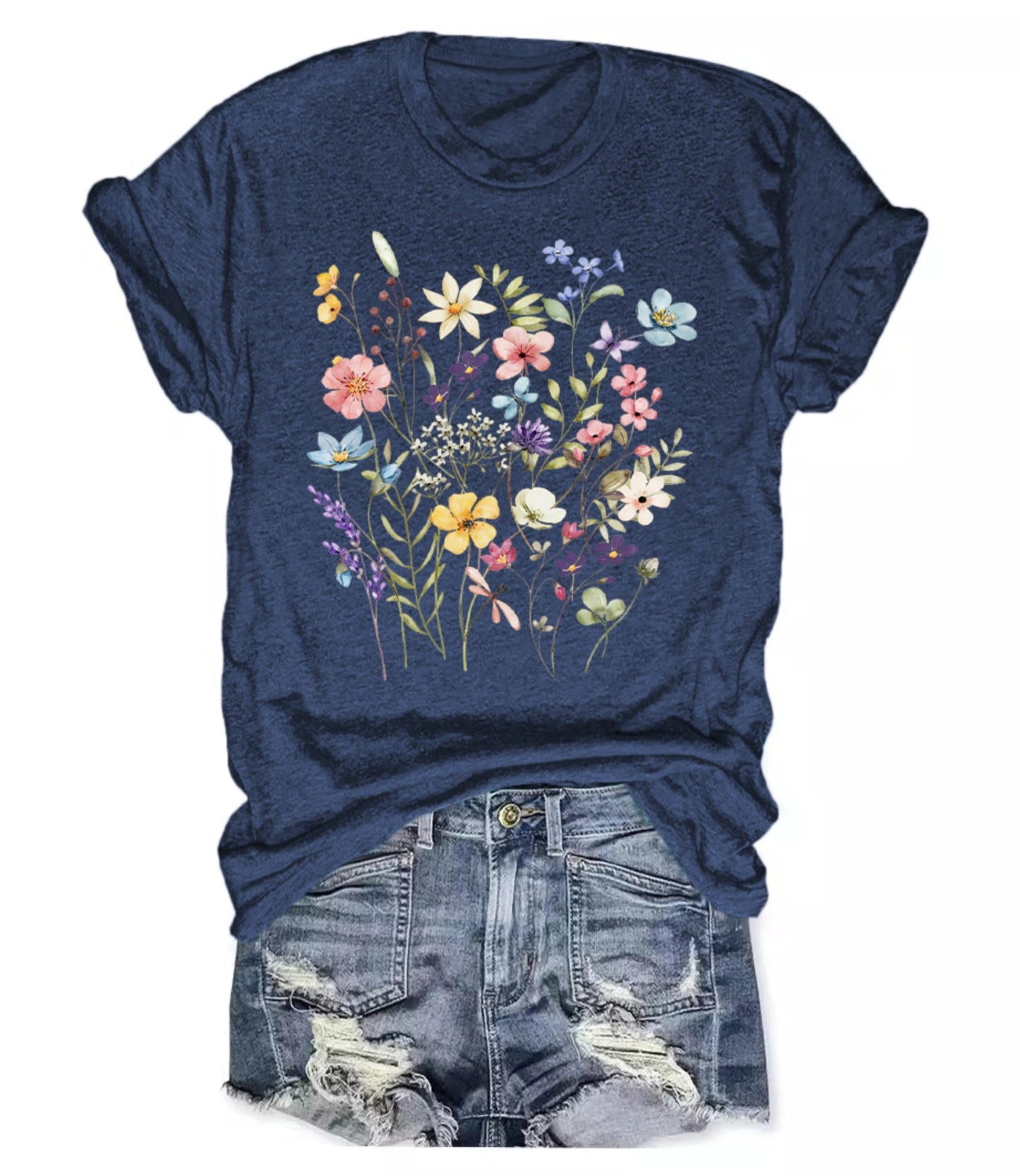Women's Boho Wildflower Graphic Loose Tees Vintage Floral Short Sleeve T-Shirts Summer Cotton Tee Tops