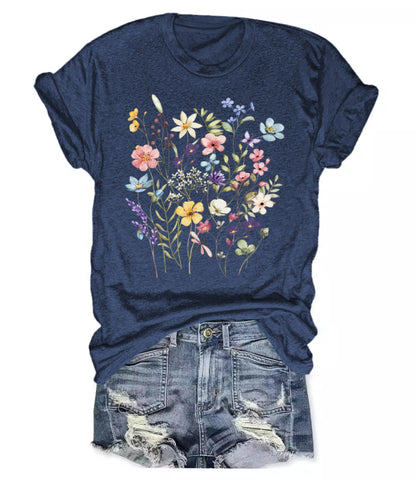 Women's Boho Wildflower Graphic Loose Tees Vintage Floral Short Sleeve T-Shirts Summer Cotton Tee Tops