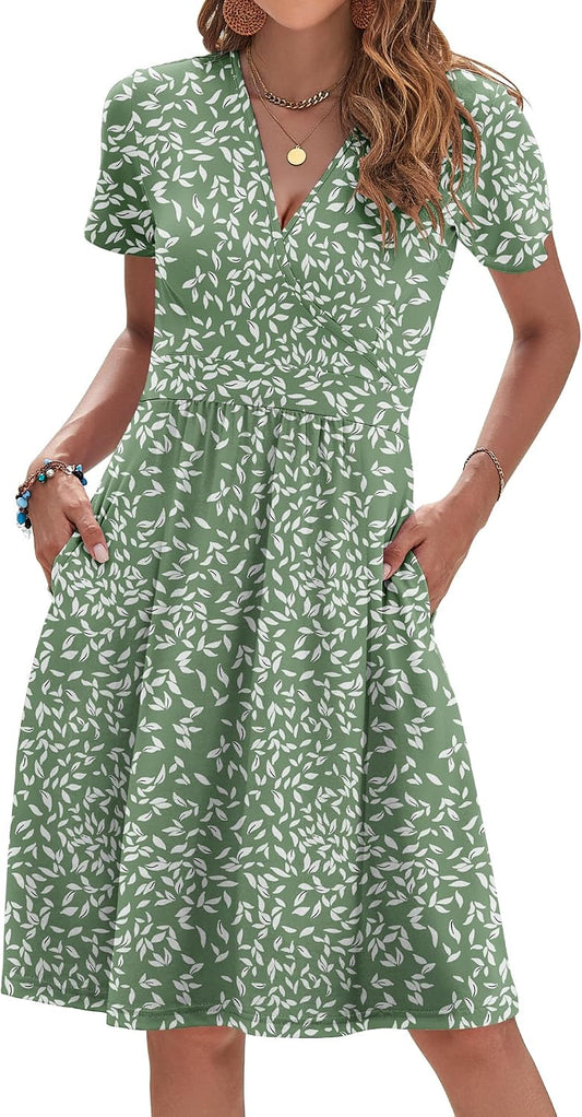 AUSELILY Womens Summer Dresses 2026 Short Sleeve V Neck Floral Sundress with Pockets