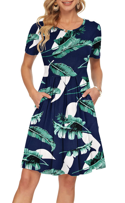 AUSELILY Women's Short Sleeve Summer Dress Pleated Loose Swing Knee Length Dresses with Pockets 2026 New