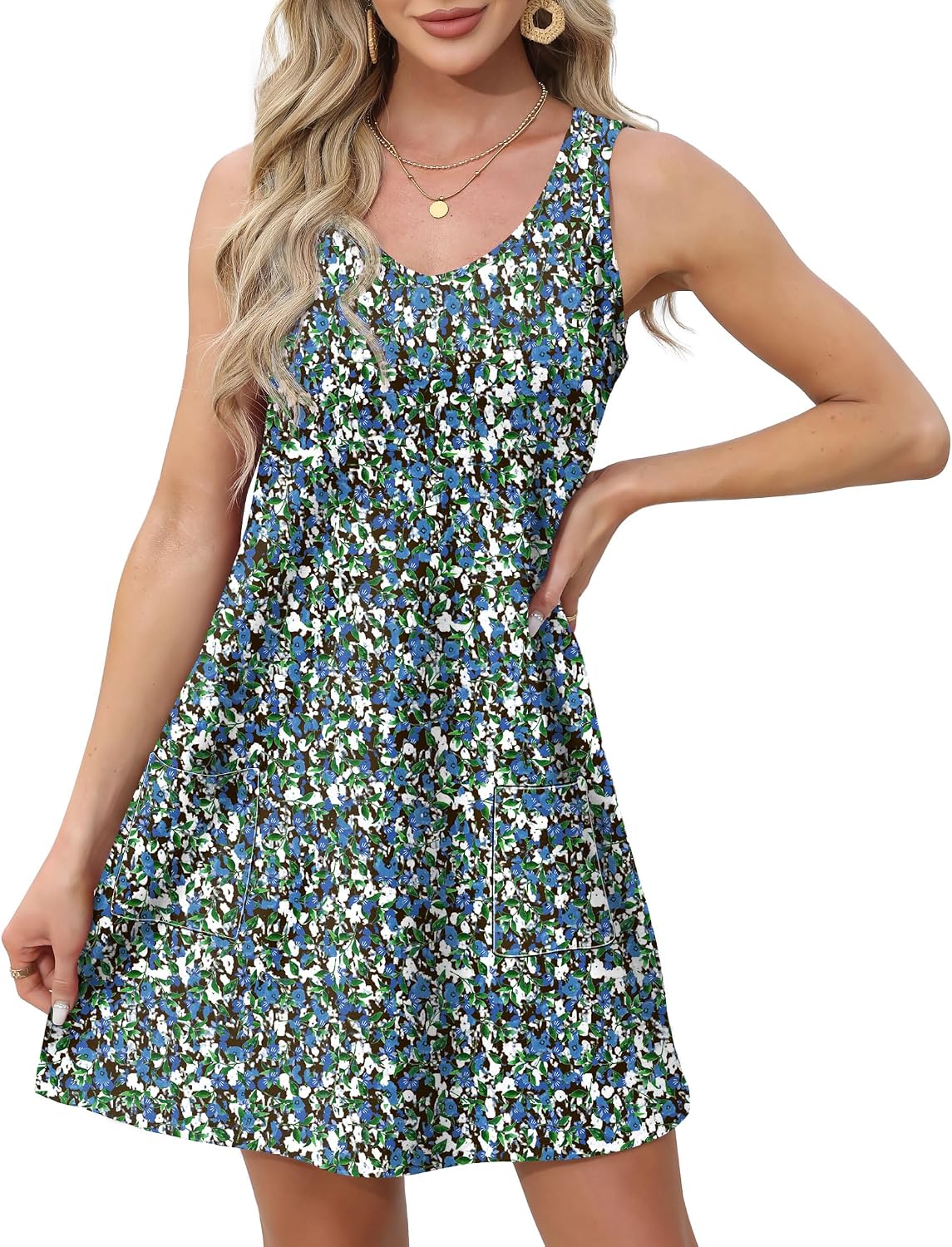 OFEEFAN Womens Summer Dresses 2026 Loose V Neck Sleeveless Sundresses Swimsuit Coverup with Pockets Floral/Plain/Eyelet