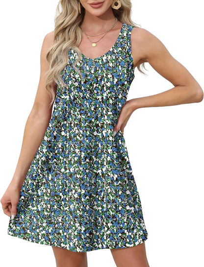 OFEEFAN Womens Summer Dresses 2026 Loose V Neck Sleeveless Sundresses Swimsuit Coverup with Pockets Floral/Plain/Eyelet