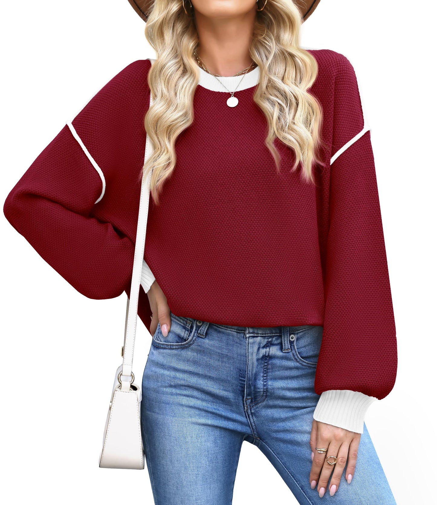 WEACZZY Women's Crew Neck Sweaters Oversized Pullover Sweatshirt Long Sleeve Side Slit Hem Color-Block Trim Fashion Tops 2026
