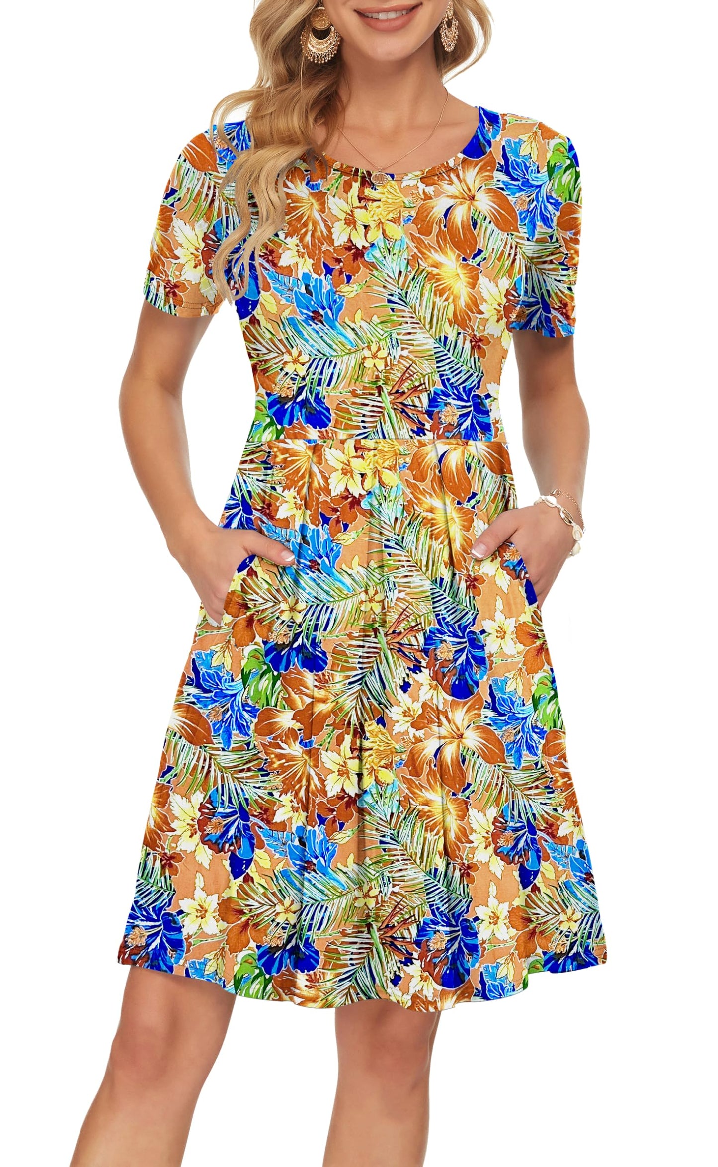AUSELILY Women's Short Sleeve Summer Dress Pleated Loose Swing Knee Length Dresses with Pockets 2026 New