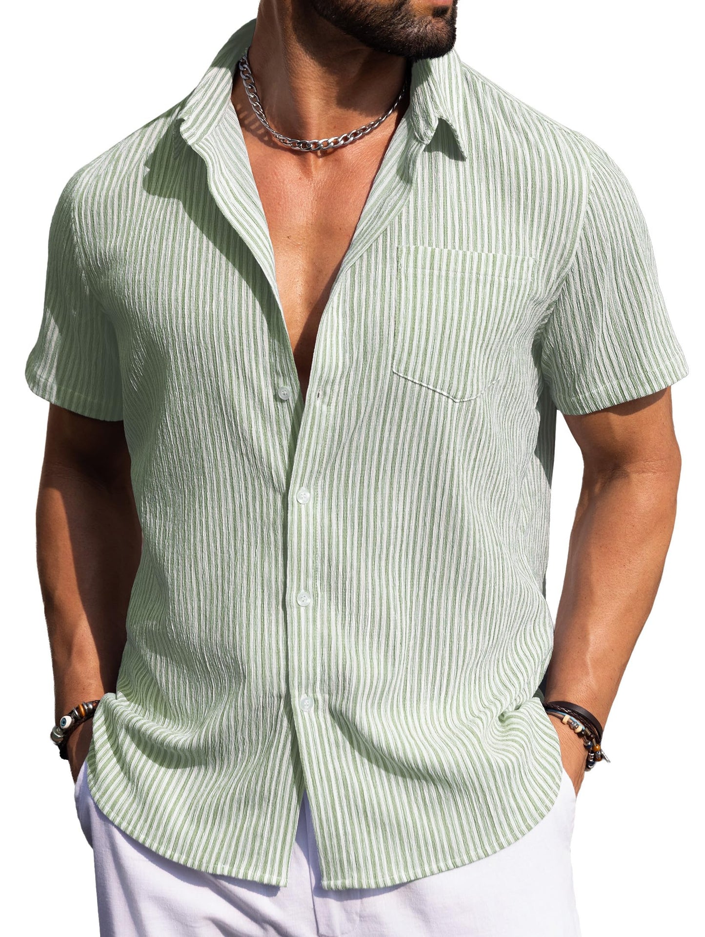 Sailwind Men's Casual Button Down Shirts Short Sleeve Striped Beach Summer Vacation Shirt with Pocket