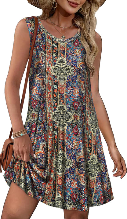Summer Dresses for Women Beach Boho Sleeveless Vintage Floral Flowy Pocket Tshirt Tank Sundresses 2026
