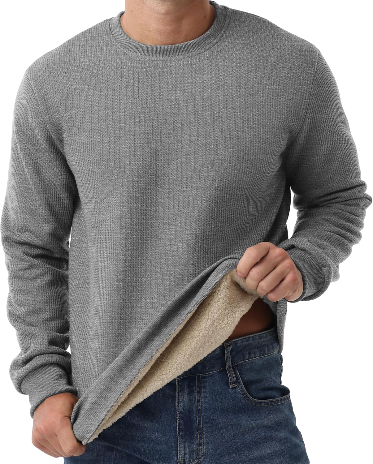 Sailwind Men's Crewneck Sherpa Lined Fleece Waffle Sweatshirt Long Sleeve Warm Pullover Winter Thermal Heavyweight Tops