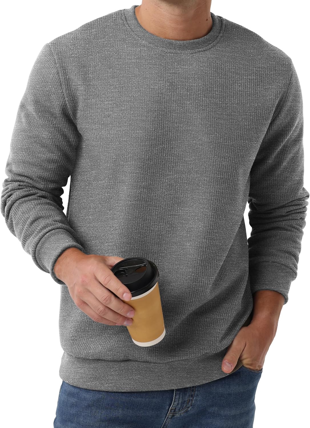Sailwind Men's Crewneck Sherpa Lined Fleece Waffle Sweatshirt Long Sleeve Warm Pullover Winter Thermal Heavyweight Tops