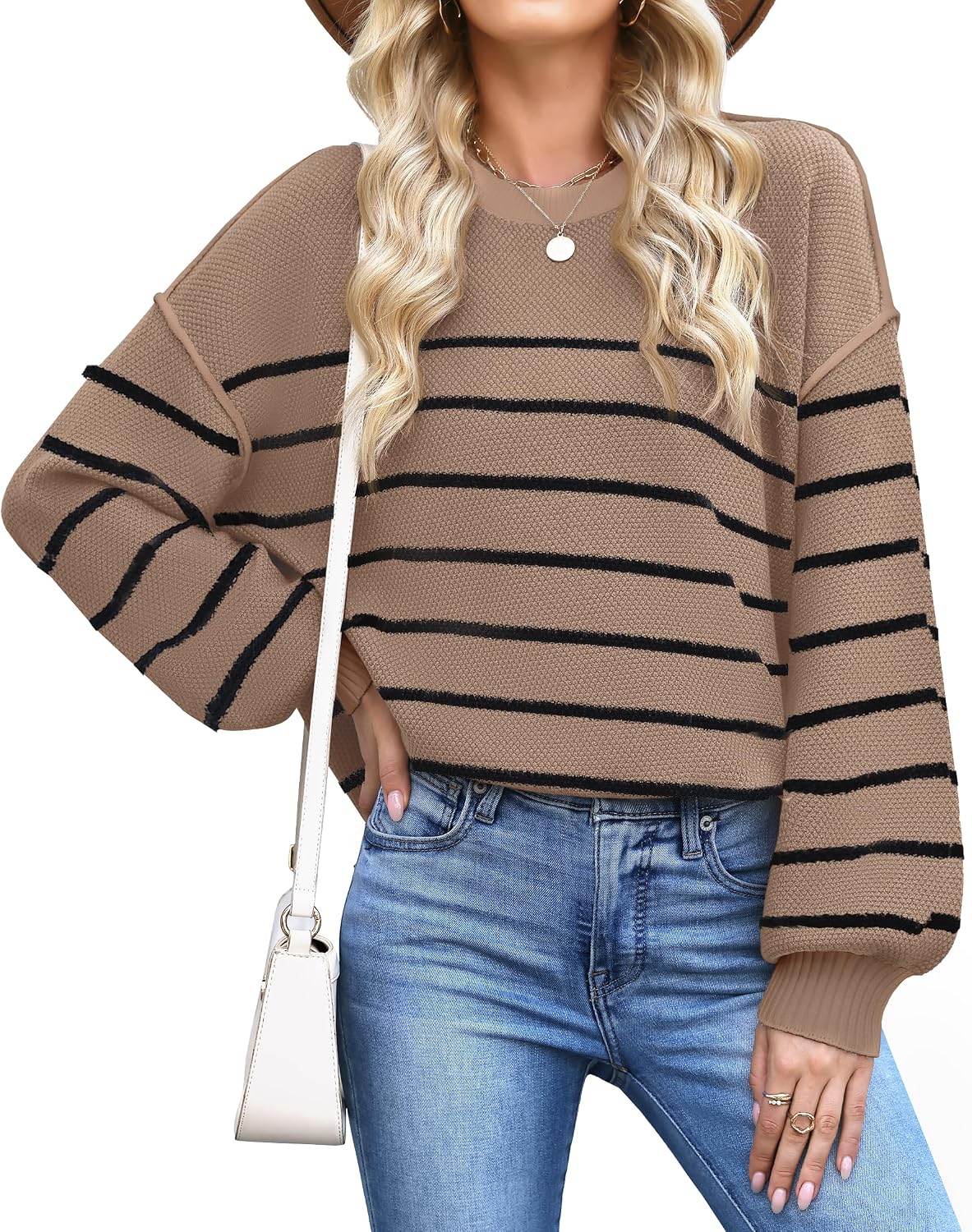 WEACZZY Women's Crew Neck Sweaters Oversized Pullover Sweatshirt Long Sleeve Side Slit Hem Color-Block Trim Fashion Tops 2026