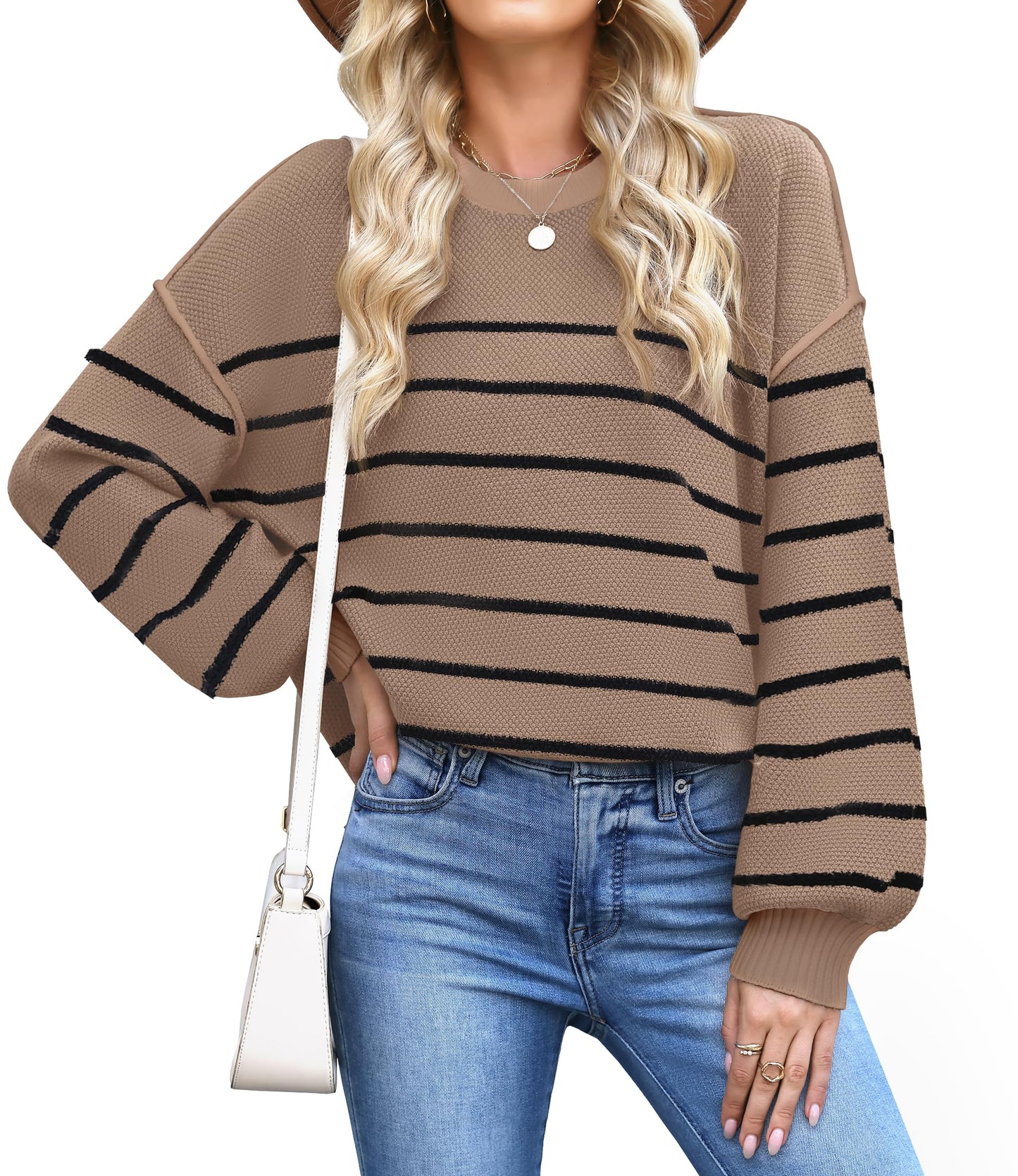 WEACZZY Women's Crew Neck Sweaters Oversized Pullover Sweatshirt Long Sleeve Side Slit Hem Color-Block Trim Fashion Tops 2026