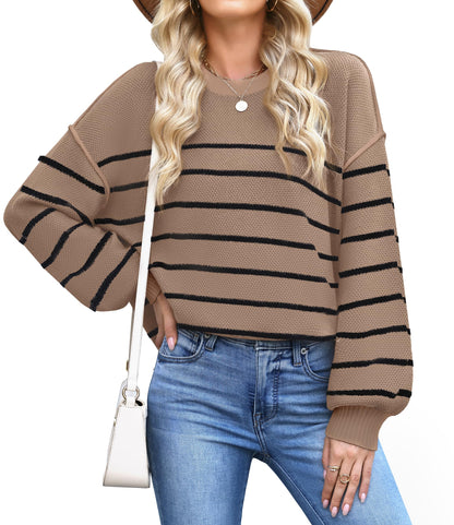 WEACZZY Women's Crew Neck Sweaters Oversized Pullover Sweatshirt Long Sleeve Side Slit Hem Color-Block Trim Fashion Tops 2026