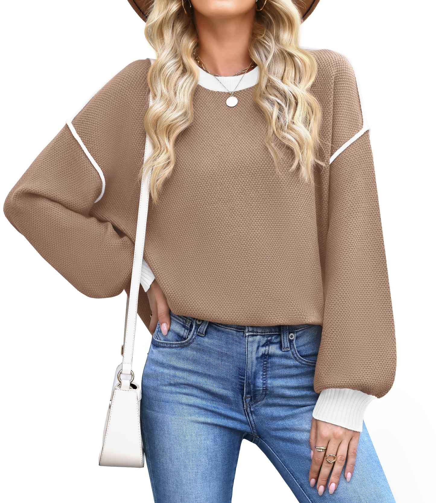 WEACZZY Women's Crew Neck Sweaters Oversized Pullover Sweatshirt Long Sleeve Side Slit Hem Color-Block Trim Fashion Tops 2026