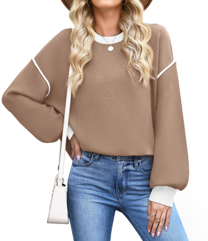 WEACZZY Women's Crew Neck Sweaters Oversized Pullover Sweatshirt Long Sleeve Side Slit Hem Color-Block Trim Fashion Tops 2026