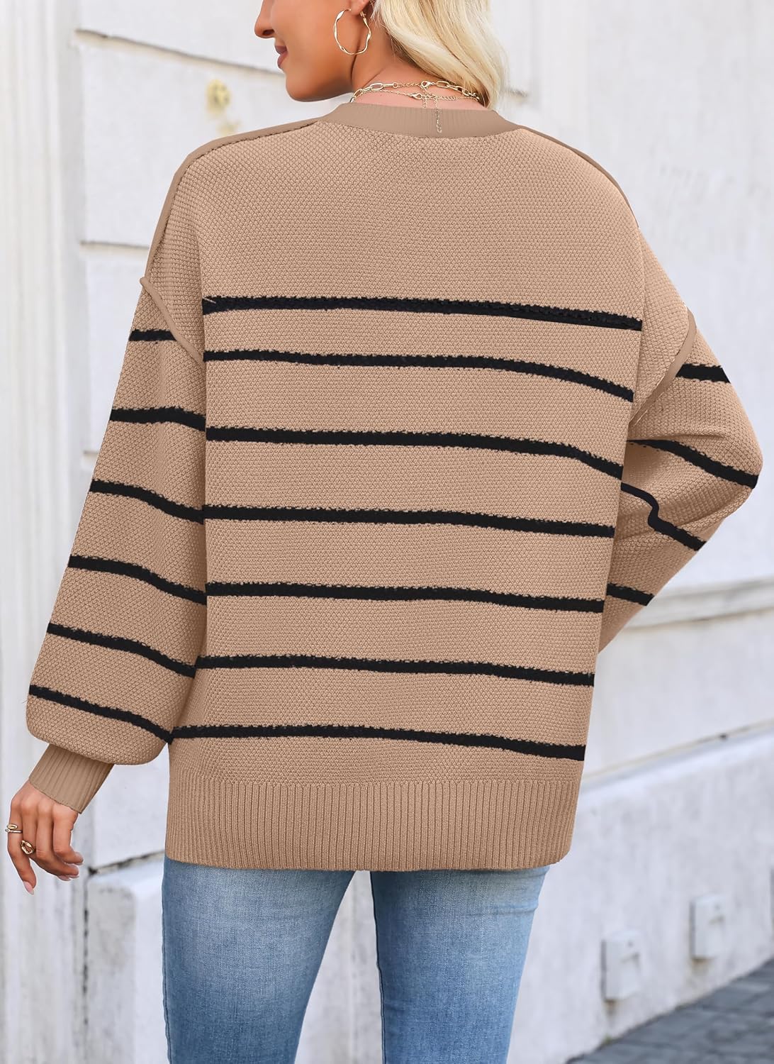 WEACZZY Women's Crew Neck Sweaters Oversized Pullover Sweatshirt Long Sleeve Side Slit Hem Color-Block Trim Fashion Tops 2026