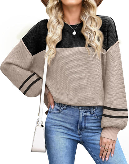 WEACZZY Women's Crew Neck Sweaters Oversized Pullover Sweatshirt Long Sleeve Side Slit Hem Color-Block Trim Fashion Tops 2026