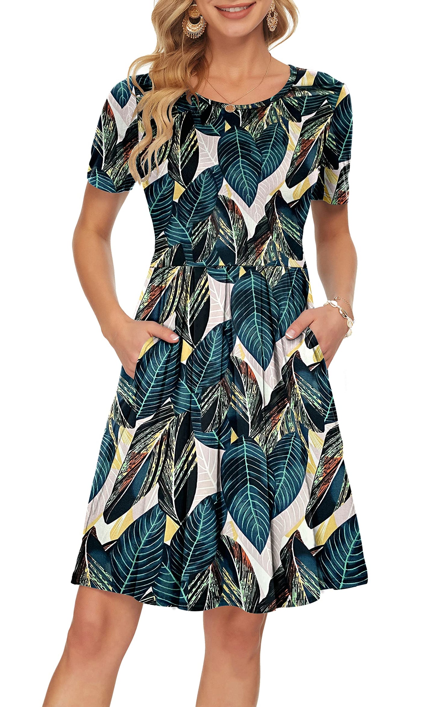 AUSELILY Women's Short Sleeve Summer Dress Pleated Loose Swing Knee Length Dresses with Pockets 2026 New